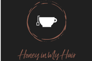 Honey in My Hair logo, a tea mug encircled by a tea stain and the HIMH title under in handwritten font